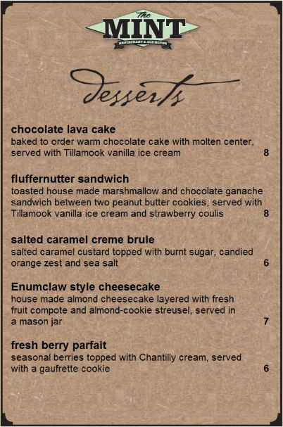 The Historic Mint Dessert Menu Summer 2015